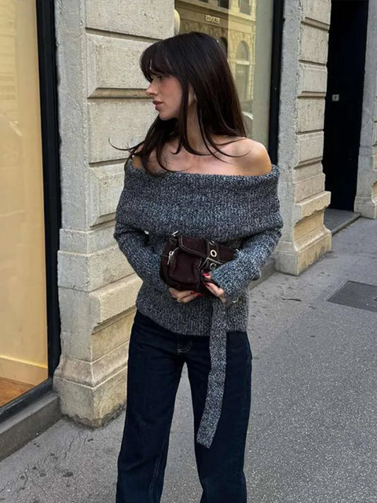 Vintage Off Shoulder Sweater With Belt Women Elegant Knitted Solid Thick Long Sleeve Sweaters Female Winter Chic Street Knitwear