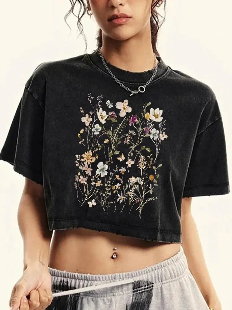 Flower Clusters Washed O-neck T-shirt