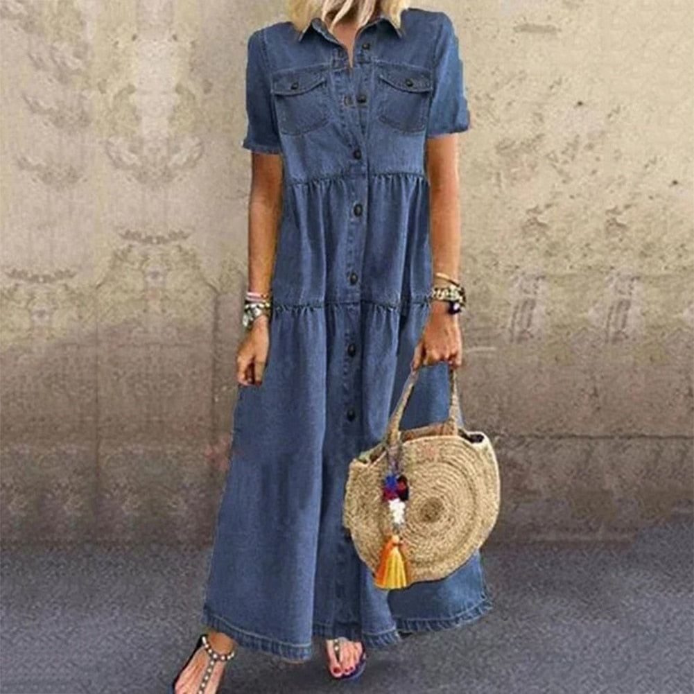 Denim Button Front Chest Pocket Tiered Shirt Maxi Dress