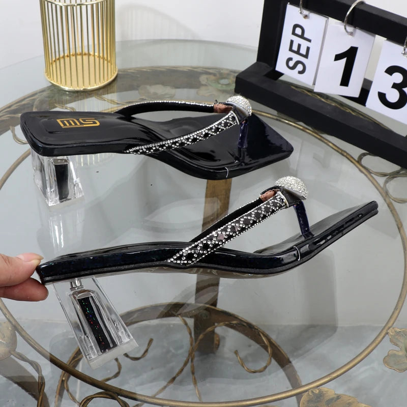 Women's Rhinestone Square Toe Flip Flops with Transparent Thick Heel