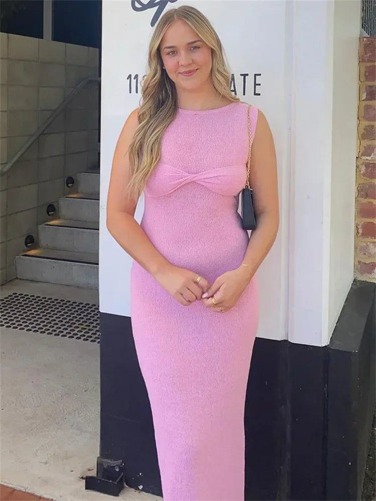 Pleated Wavy Knit Lace Maxi Dress