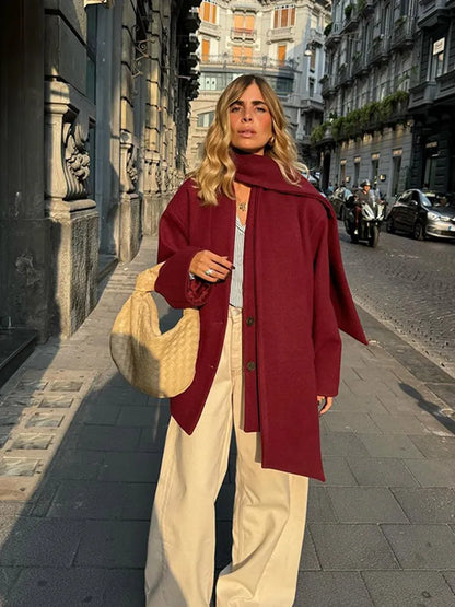 Causal Burgundy Women Autumn Full Sleeve Woolen Coat With Scarf Fashion Solid Single Breasted Jacket Female New Chic Office Wear