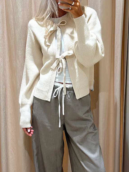 Ribbed Tie Front Solid Knit Cardigan