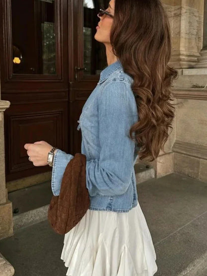 Bow Tie Denim Slim Fit Blouse