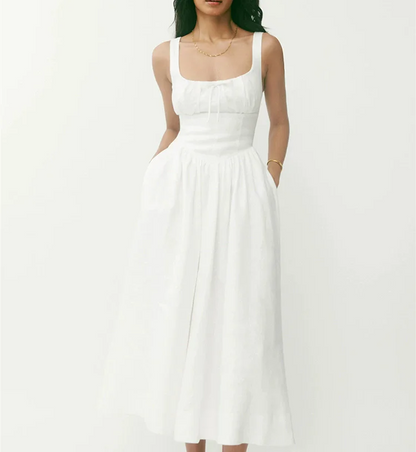 Floral Print Linen Square Collar Lace Up Mid Length Dress