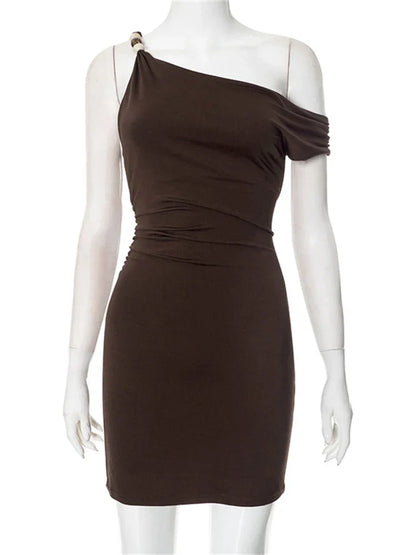 Beaded Asymmetric Slant Neck Mini Dress