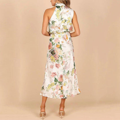 Floral Print Halter Draped Neck Bias Cut Midi Dress