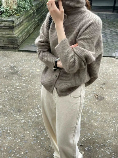 Turtleneck Thick Wool Knit Cardigan