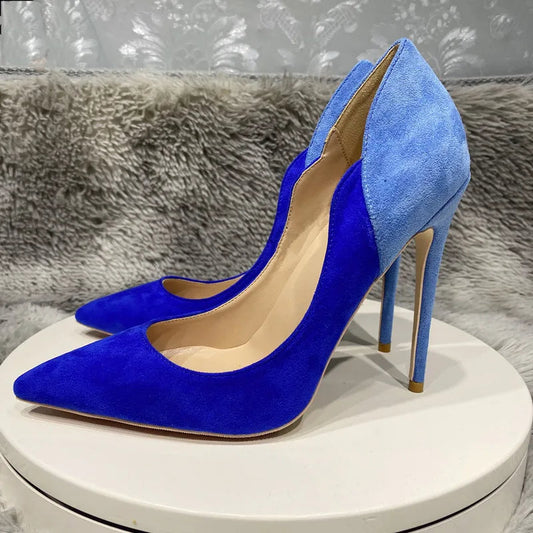 Blue Women Synthetic Suede Pointy Toe High Heel Party Dress Shoes - Contrast