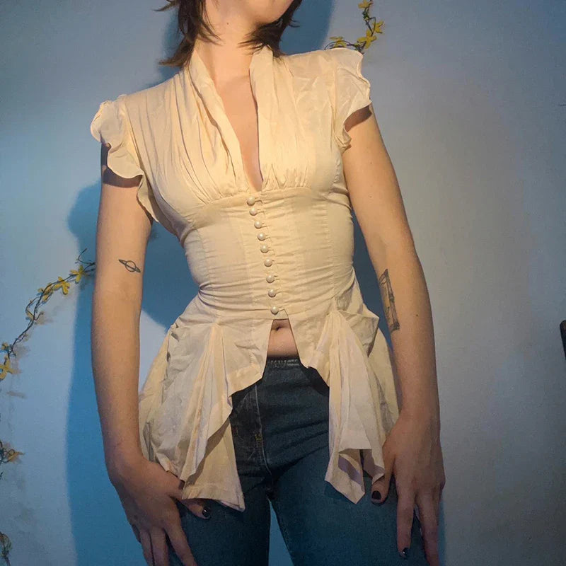 Slim V-Neck Ruffled Blouse