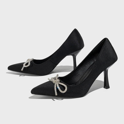 Crystal Bowknot Pointed Toe Women Pumps - Thin High Heels for Spring and Autumn