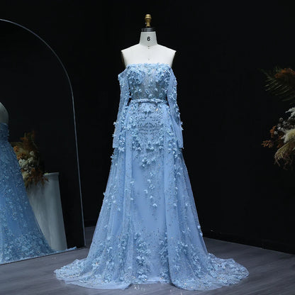 3D Flowers Evening Dress with Overskirt Long Sleeves