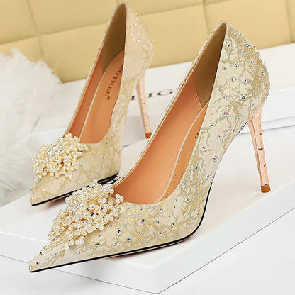 Rhinestone Pearl Flower High Heel Luxury Party Shoes Woman