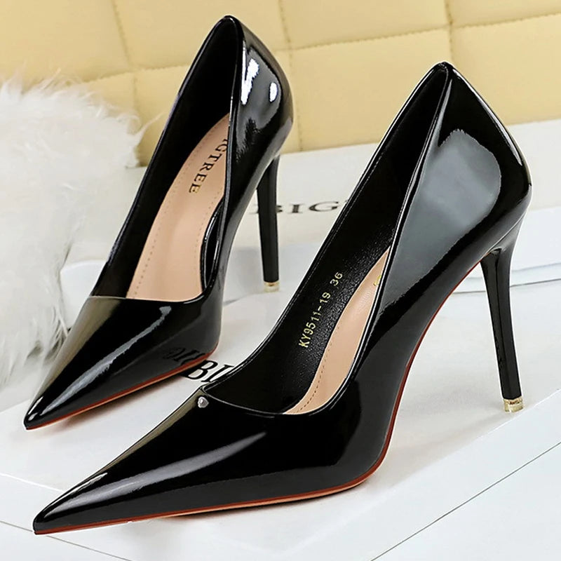 Crystal Patent Leather Women Pumps Pointed High Heels Stilettos Kitten Heels