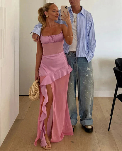 Pink Satin Patchwork Mesh Ruffle Slit Midi Dress