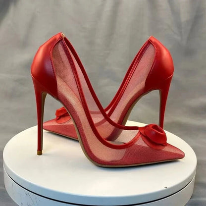 Red Matte Women Summer Gauze Pointy Toe High Heel Shoes