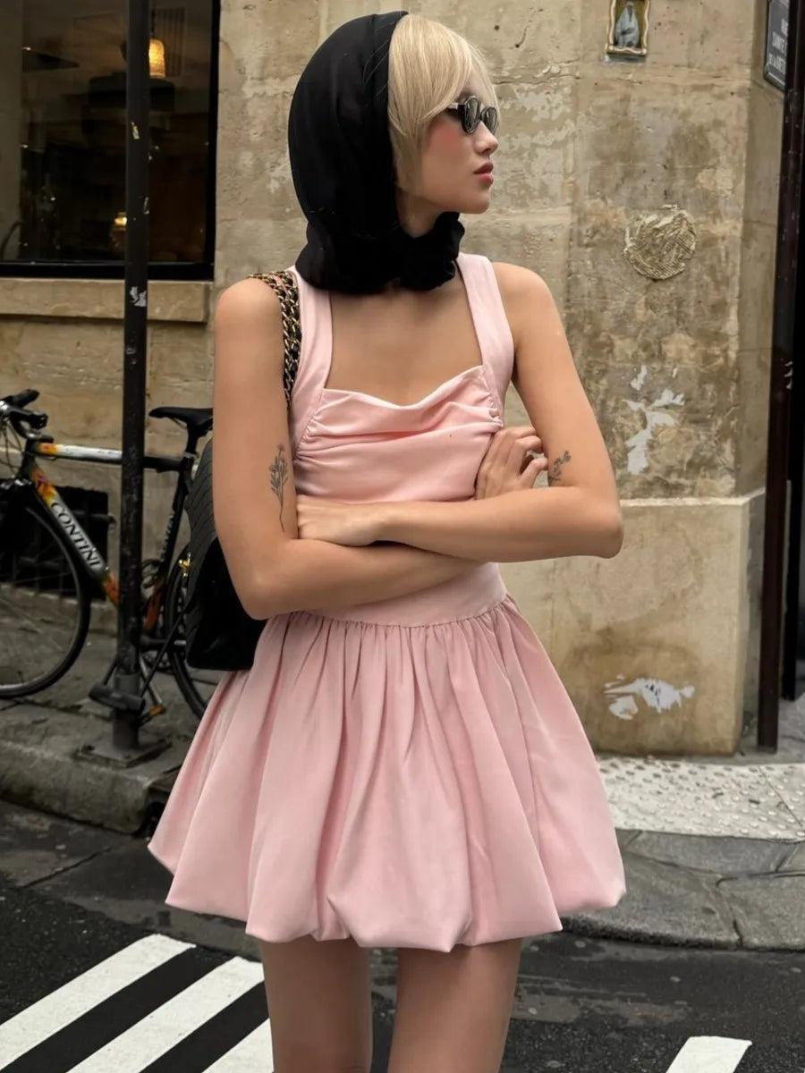 Square Neck Ruched Bodice Bubble Hem Mini Dress