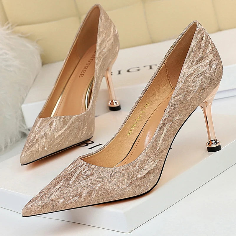 Silver Champagne Sequins Stiletto Wedding Shoes Women High Heels