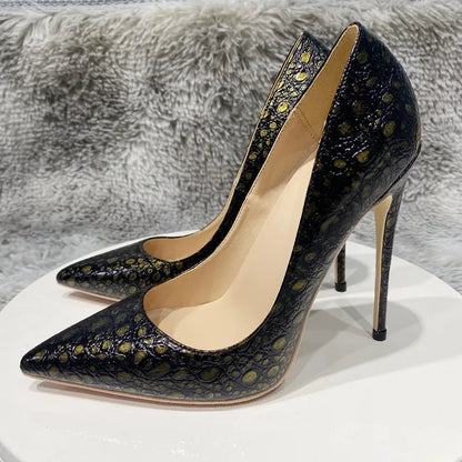 Bronze Black Crocodile Effect Women Sexy High Heel Shoes - 8cm, 10cm, 12cm