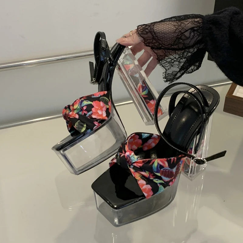 Transparent Thick Bottom Square Toe 14.5CM Sandals for Women