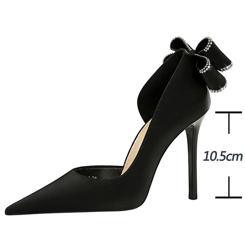 Rhinestone Back Bowknot High Heels Women Pumps in Silks and Satins