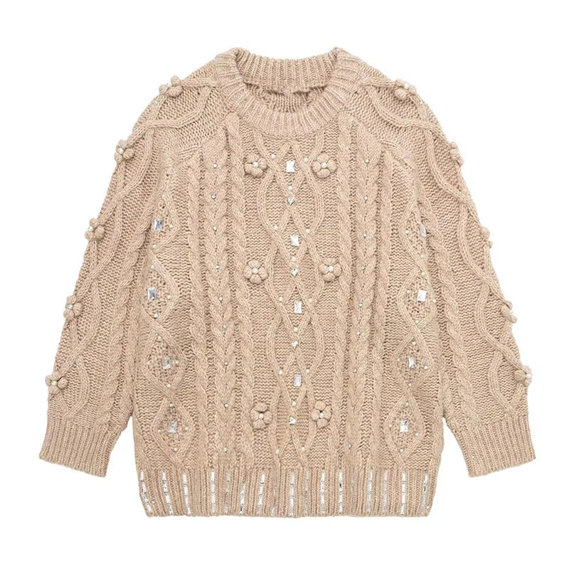 3D Flower Knit Pullover Women Loose Fashion Sequin Round Neck Long Sleeves Jumper Female Autumn Winter Warm Knitwears Lady