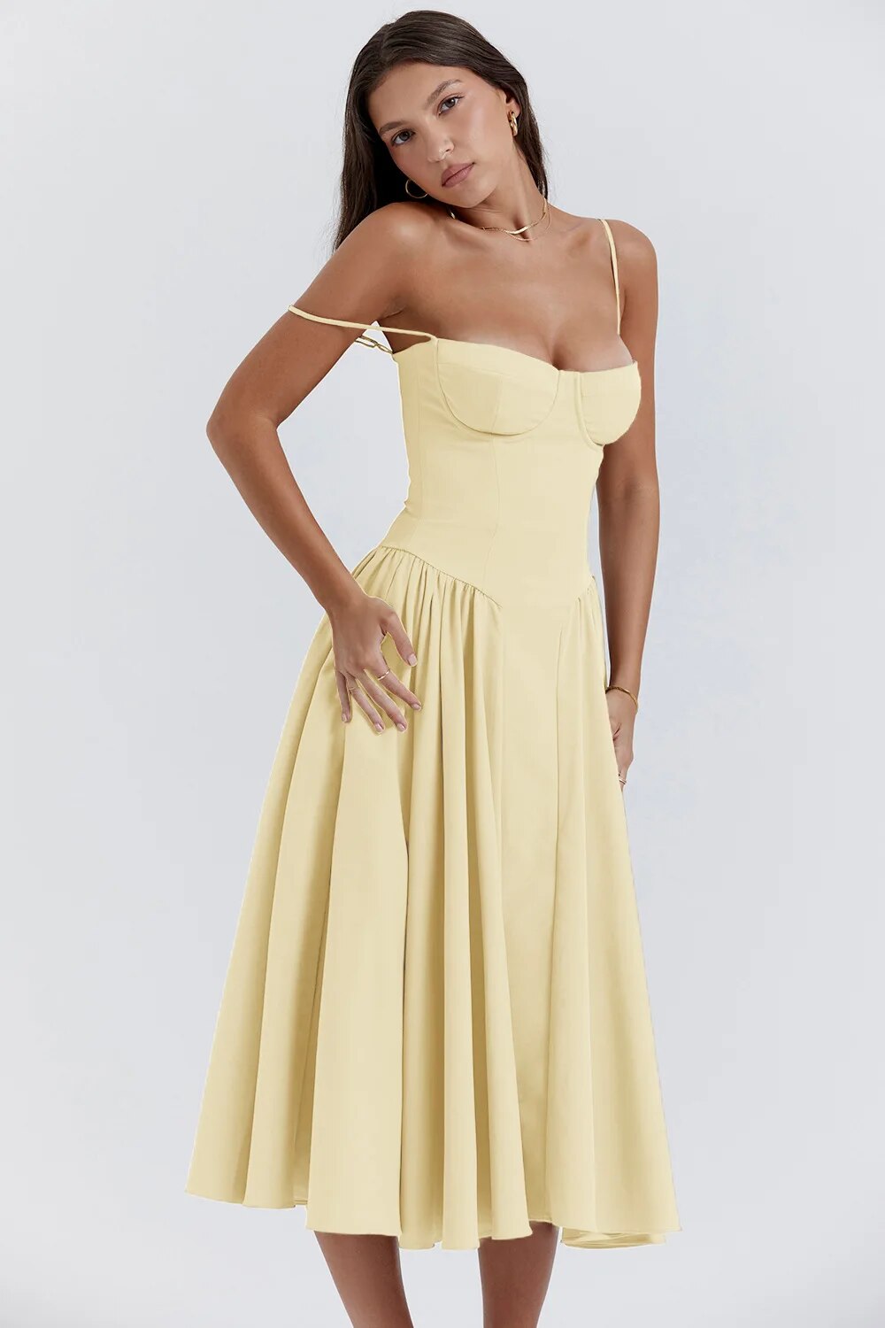 Corset Bustier Spaghetti Strap Basque Waist Pleated Midi Dress