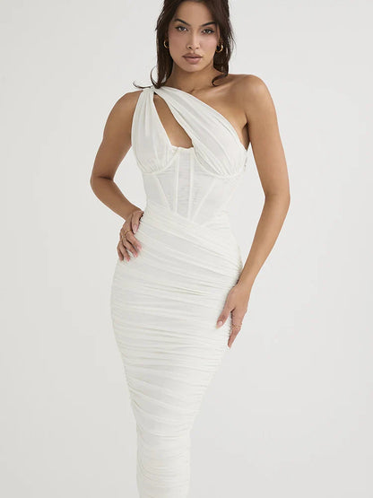 One Shoulder Ruched Bodycon Midi Dress
