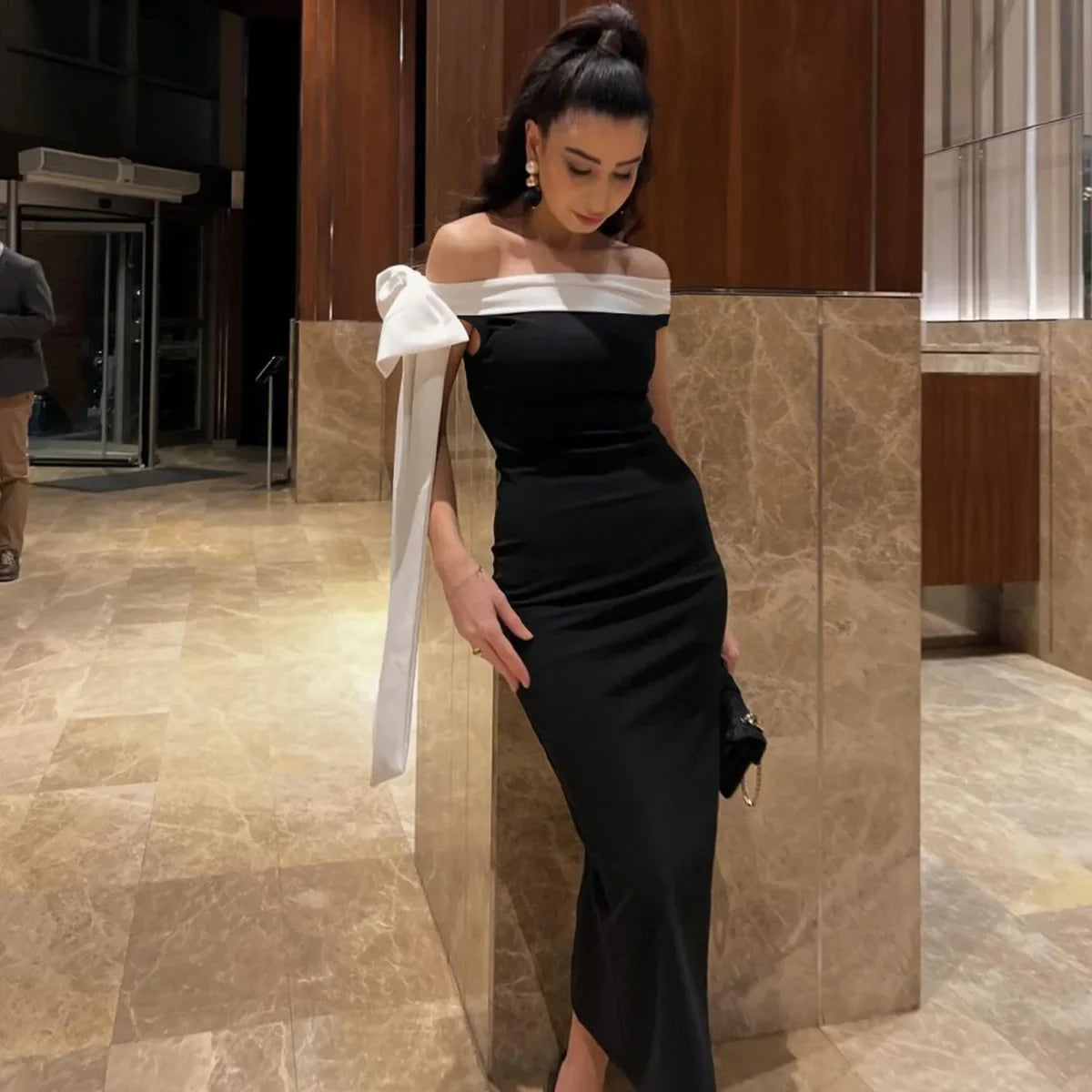 Bow Ribbon Off Shoulder Midi Dress