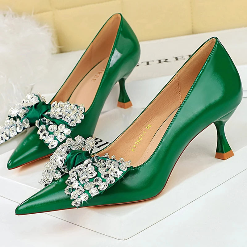 Rhinestone Bowknot Kitten Heels Luxury Party Shoes for Women