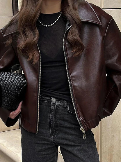 PU Patchwork Slim Zipper Coat