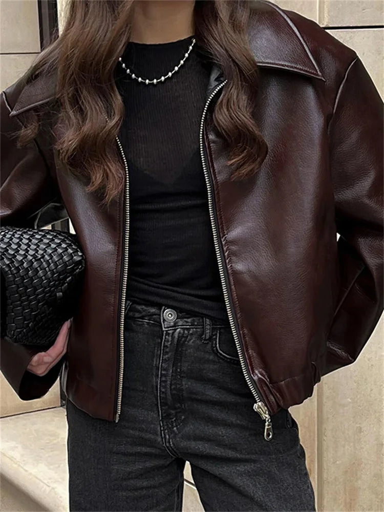 High Street Loose Female PU Coat Casual Zipper Slim High Waist Long Sleeve Patchwork Fashion Clothes Women Autumn Outwear