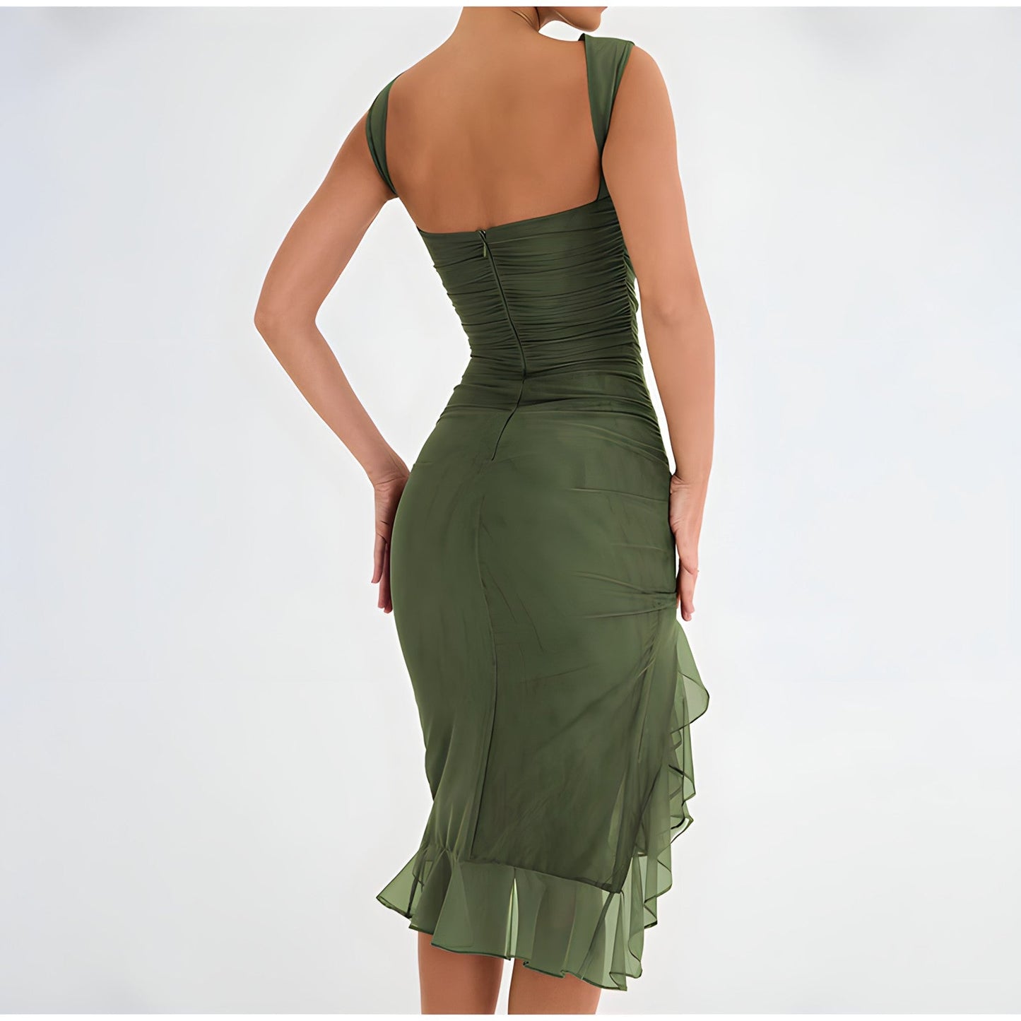 Sleeveless Round Neck Ruched Tiered Ruffle Hem High Split Midi Dress