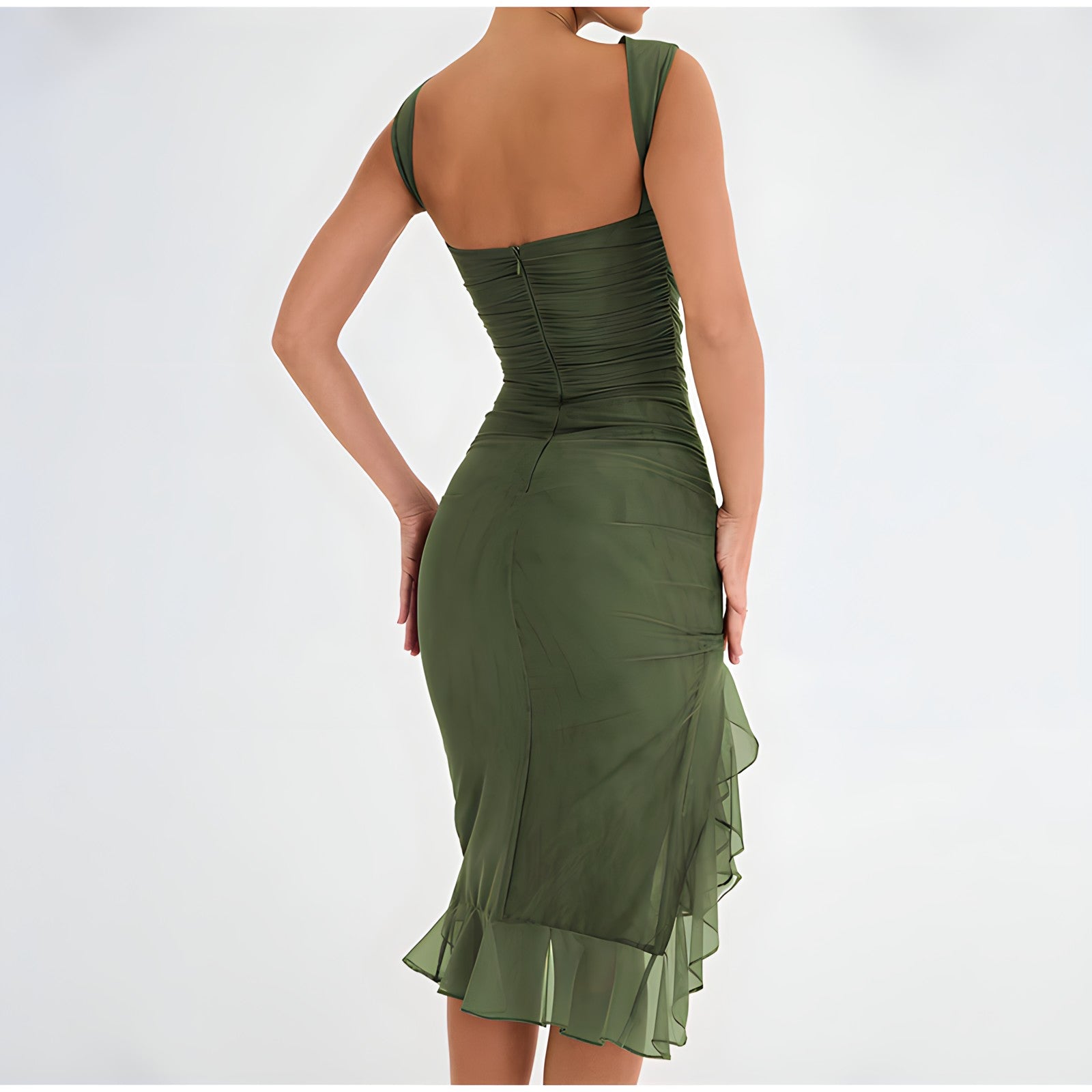 Sleeveless Round Neck Ruched Tiered Ruffle Hem High Split Midi Dress