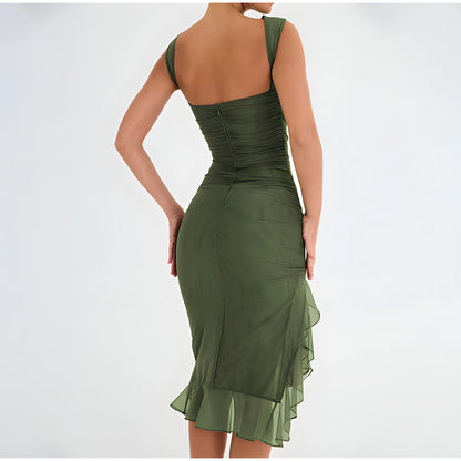 Sleeveless Round Neck Ruched Tiered Ruffle Hem High Split Midi Dress