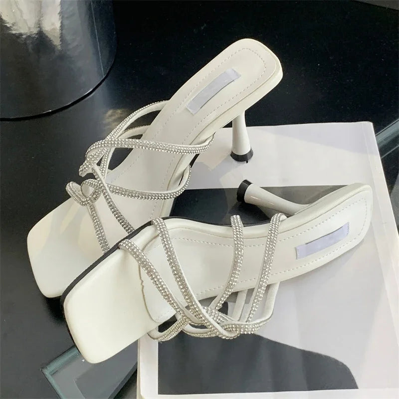 CRYSTAL Narrow Band Women Slipper with Square Toe and Thin Low Heels