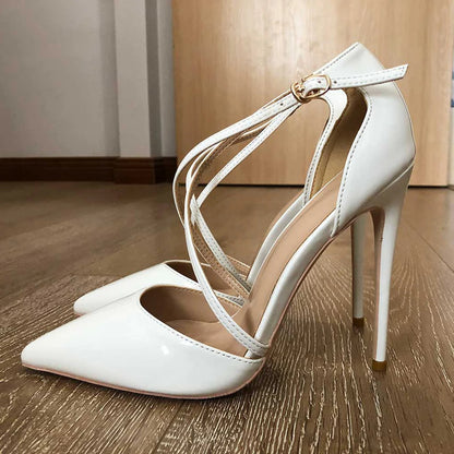 White Glossy Patent Cross Strap Stiletto Pumps for Women