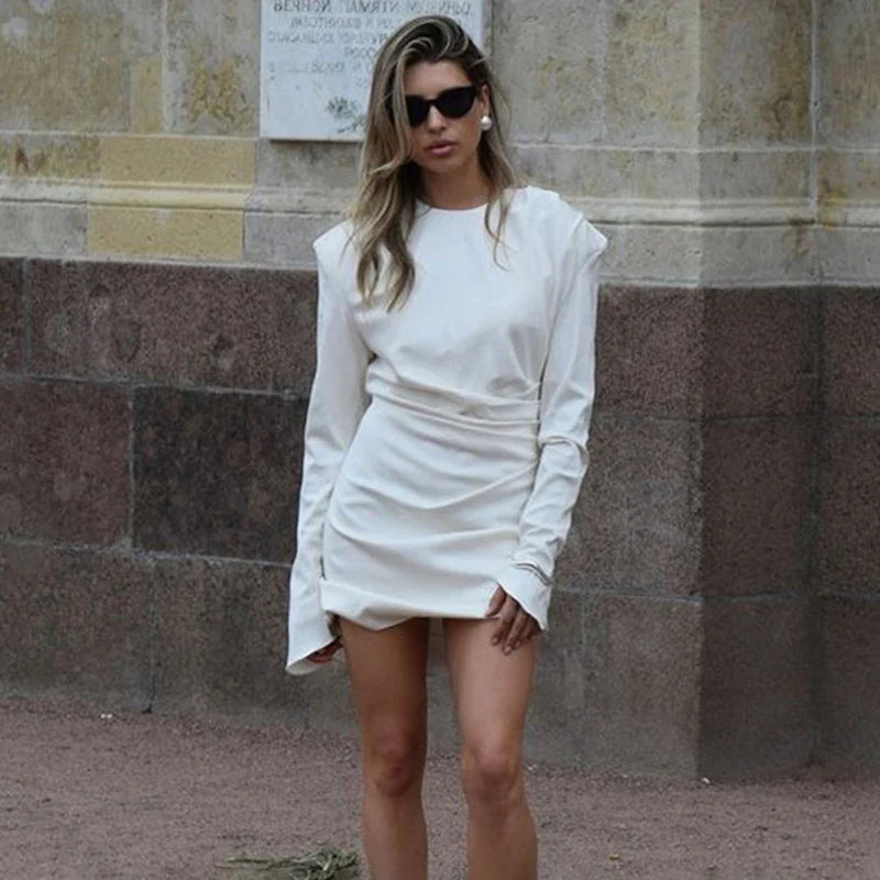 Pleated Slim White Long Sleeve Mini Prom Dress