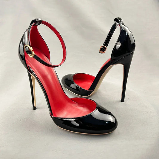 Red Black Women Ankle Buckle Round Toe High Heel Shoes for Summer