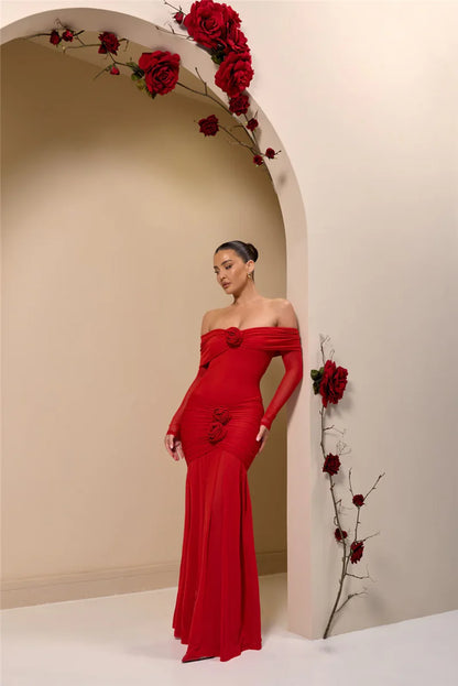 Off-shoulder Strapless Rose Long Sleeve Dress