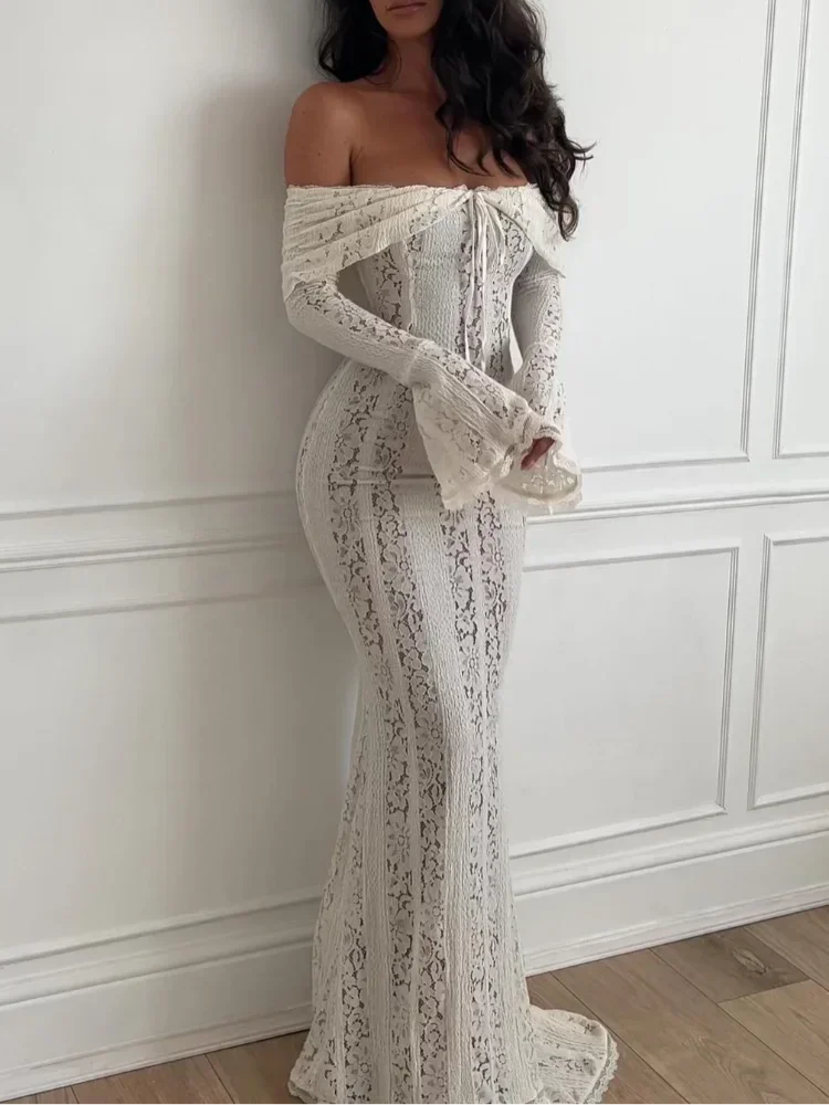 Off Shoulder Floral Lace Bell Sleeve Tie Front Sheer Maxi Dress