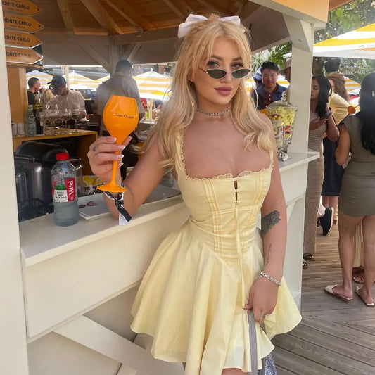 Lace Hollow A Line Yellow Holiday Mini Dress