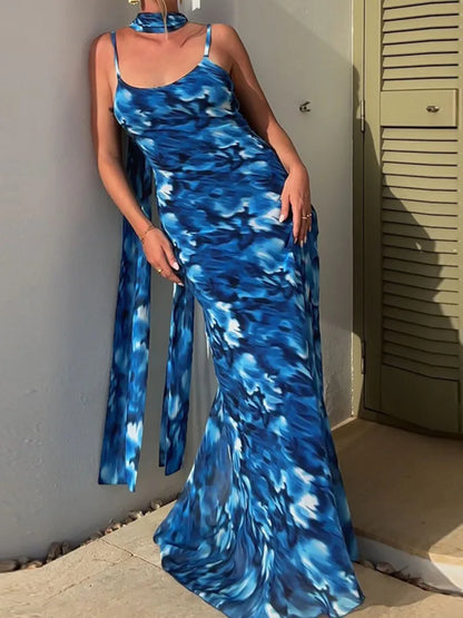 Blue Print Halter Lace-up Vacation Dress