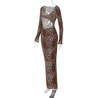 Leopard Print Hollow Out Long Dress