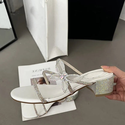 Glitter Rhinestones Bowknot Women Slippers with Crystal Narrow Low Heels