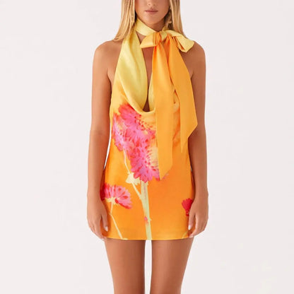 Cowl V-neck Floral A-Line Vacation Dress