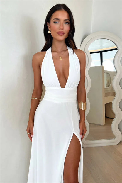 Halter Deep V Neck High Split Maxi Dress For Women