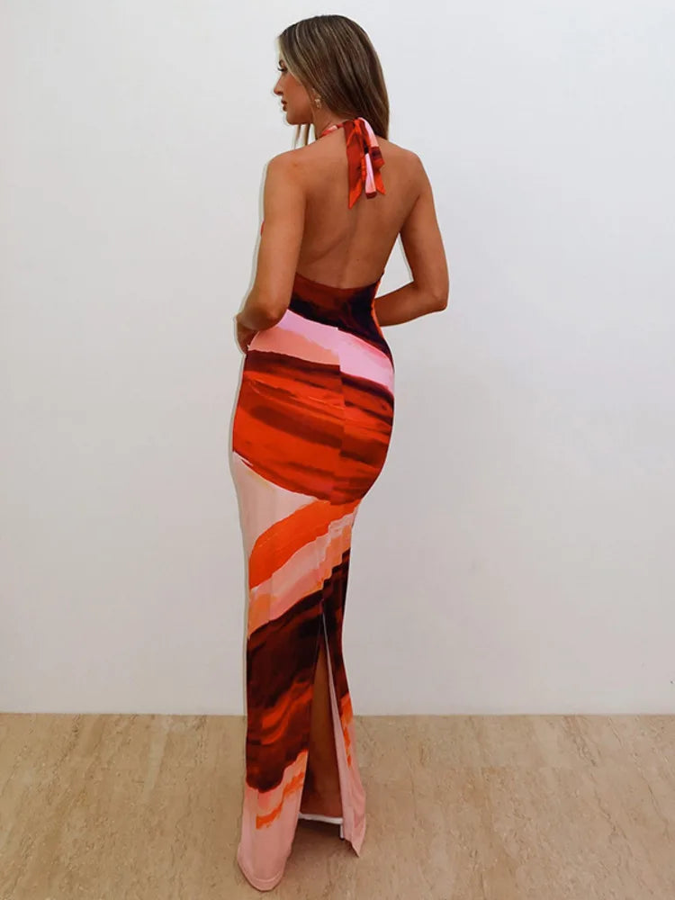 Halter Deep V Neck Lace-up Sleeveless Backless Vacation Dress