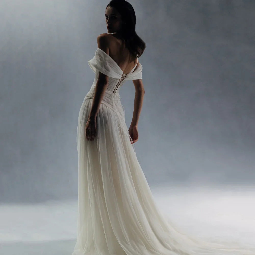 A Line Off Shoulder High Split Tulle Prom Dress