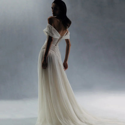 A Line Off Shoulder High Split Tulle Prom Dress